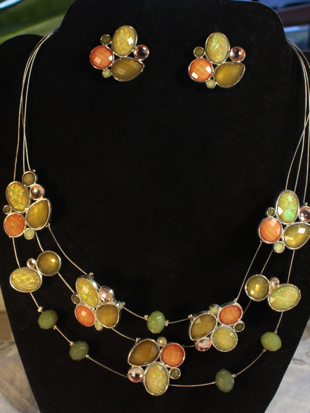 Y2K Multi-Strand Necklace Set with Green, Orange and Pink Stones
